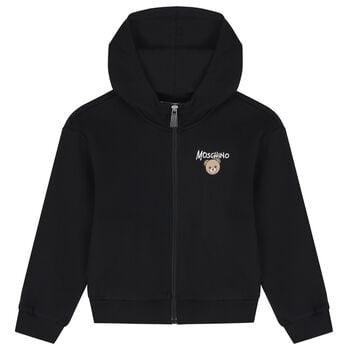 Black Teddy Bear Logo Hooded Zip Up Top