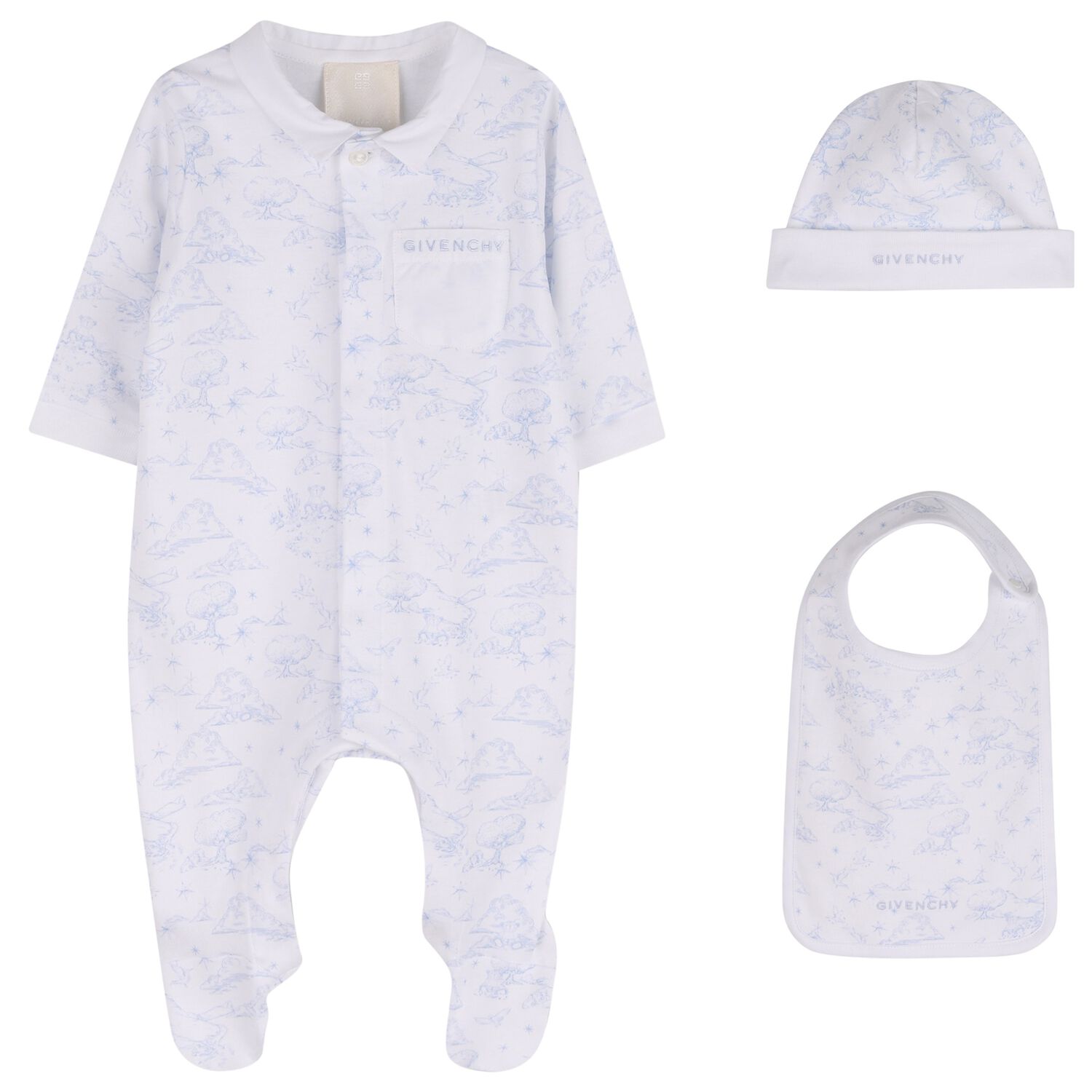 White & Blue Toile de Jouy Babygrow Gift Set, 1, hi-res