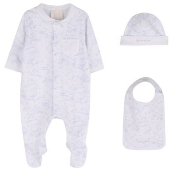 White & Blue Toile de Jouy Babygrow Gift Set