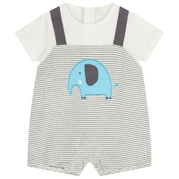 Baby Boys White & Grey Elephant Romper