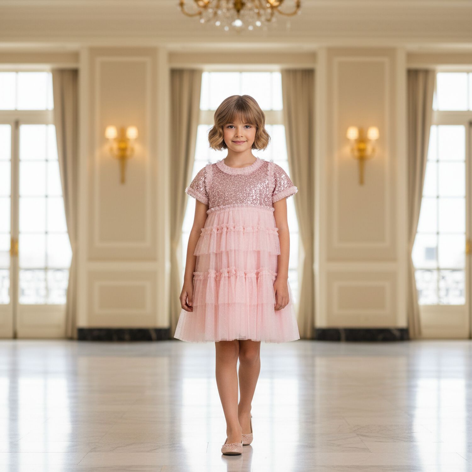 Girls Pink Sequin & Tulle Dress, 1, hi-res