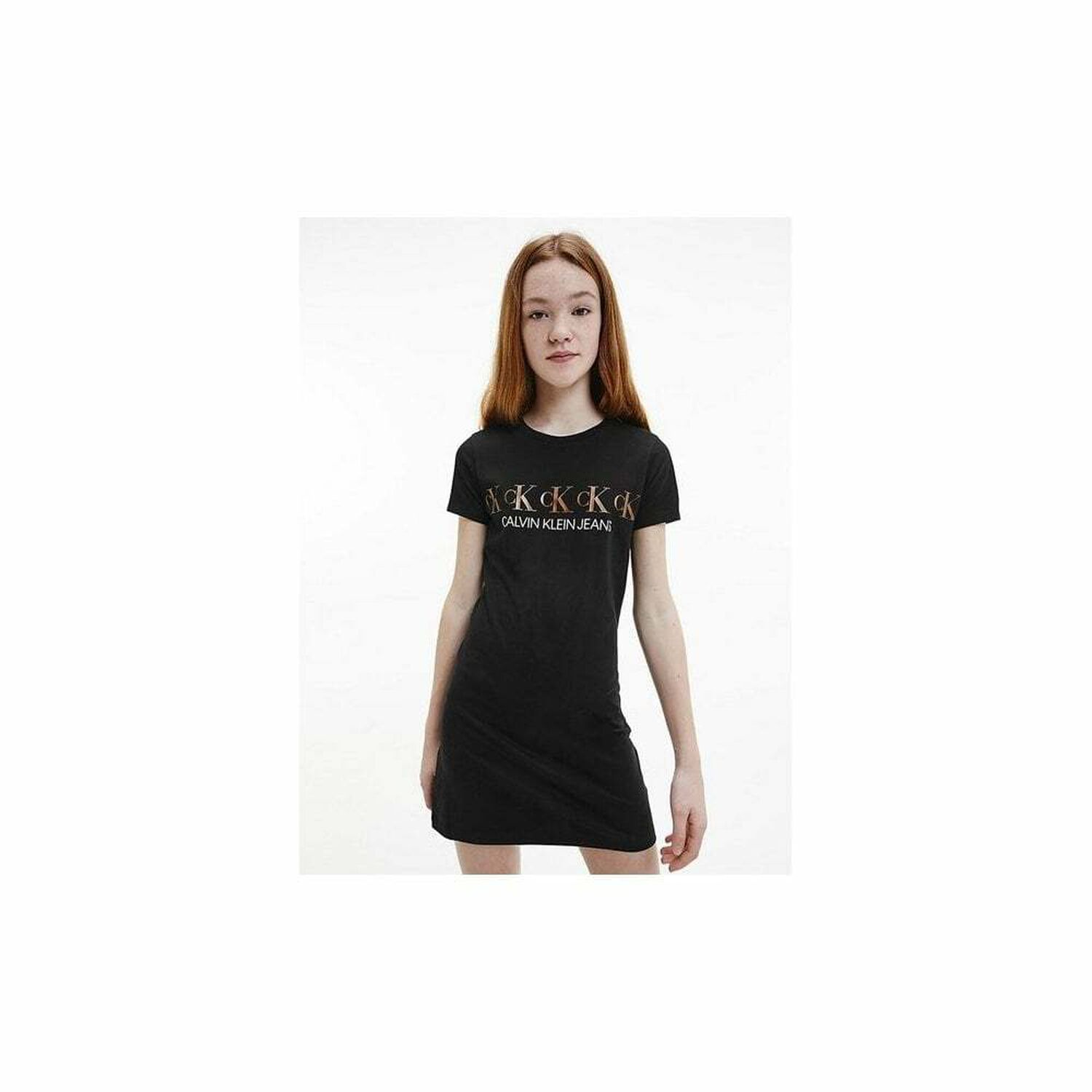 Girls Black & Gold Logo Dress, 1, hi-res