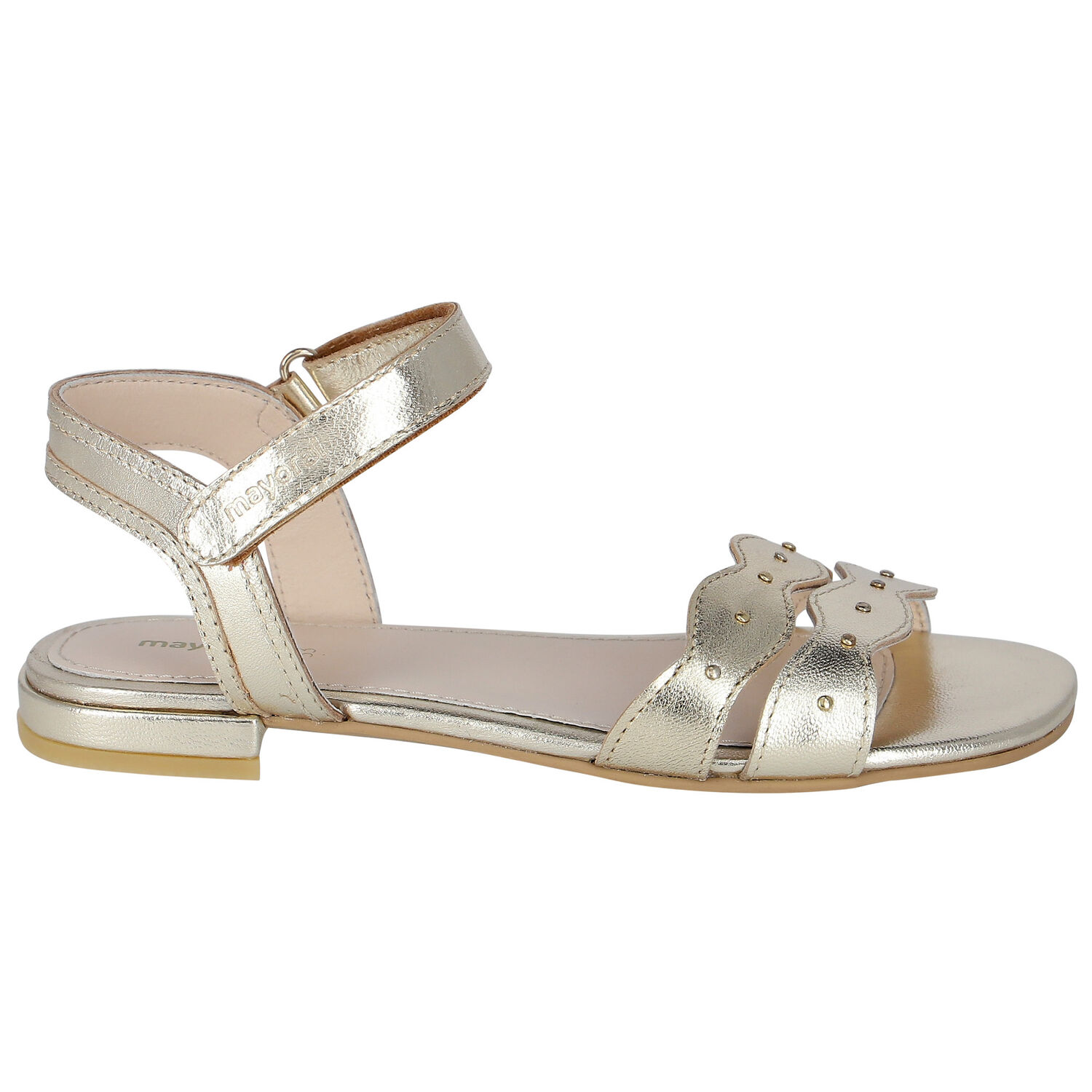 Girls Gold Leather Scalloped Sandals, 1, hi-res