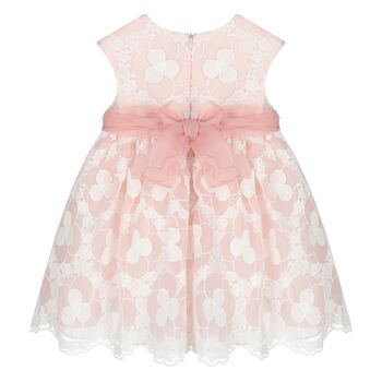 Younger Girls White & Pink Embroidered Organza Dress
