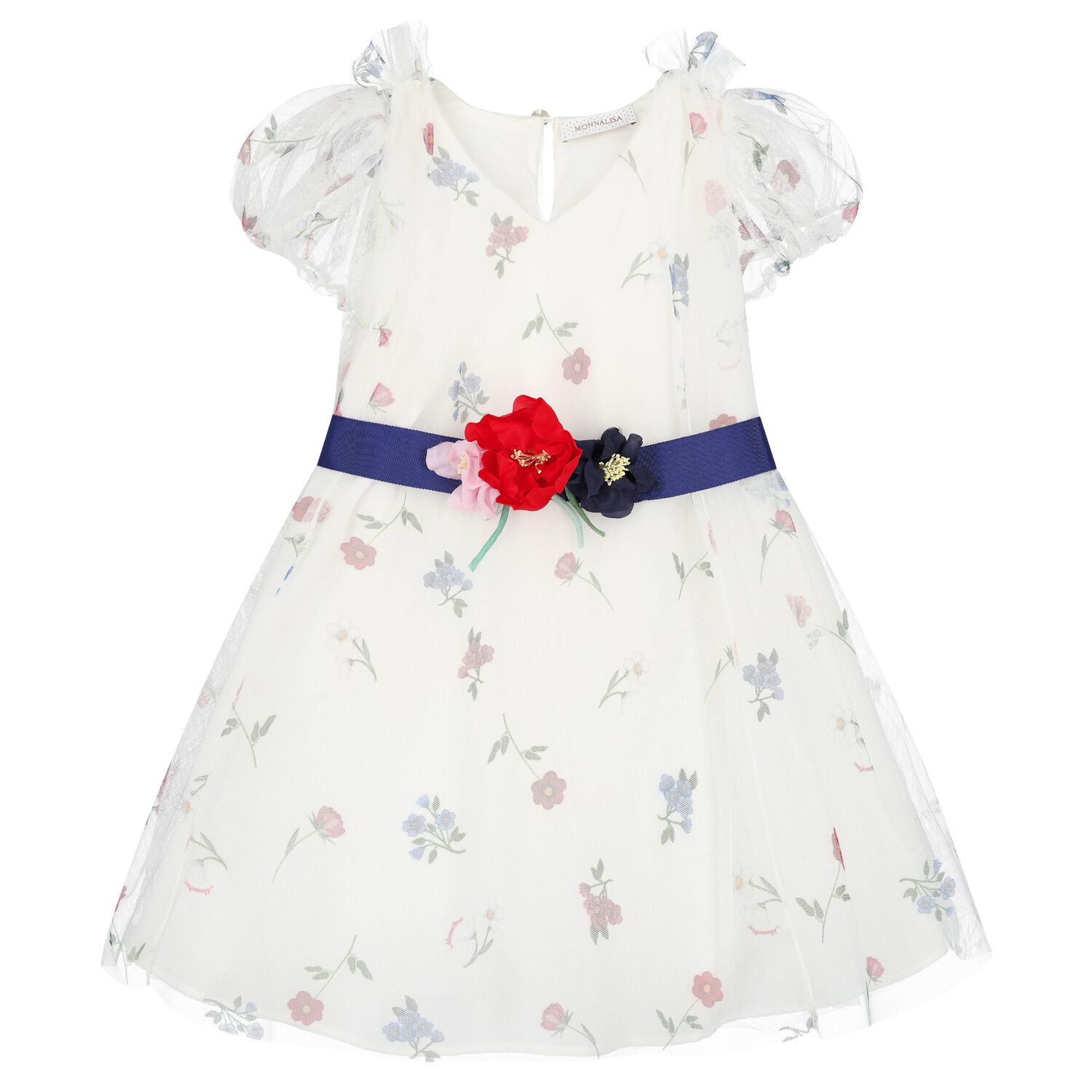 Girls White Floral Tulle Dress, 1, hi-res