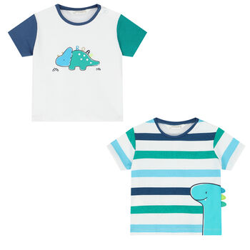 Baby Boys White & Blue Dinosaur T-Shirts (2 Pack)