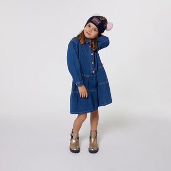 Girls Blue Logo Sequin Denim Dress