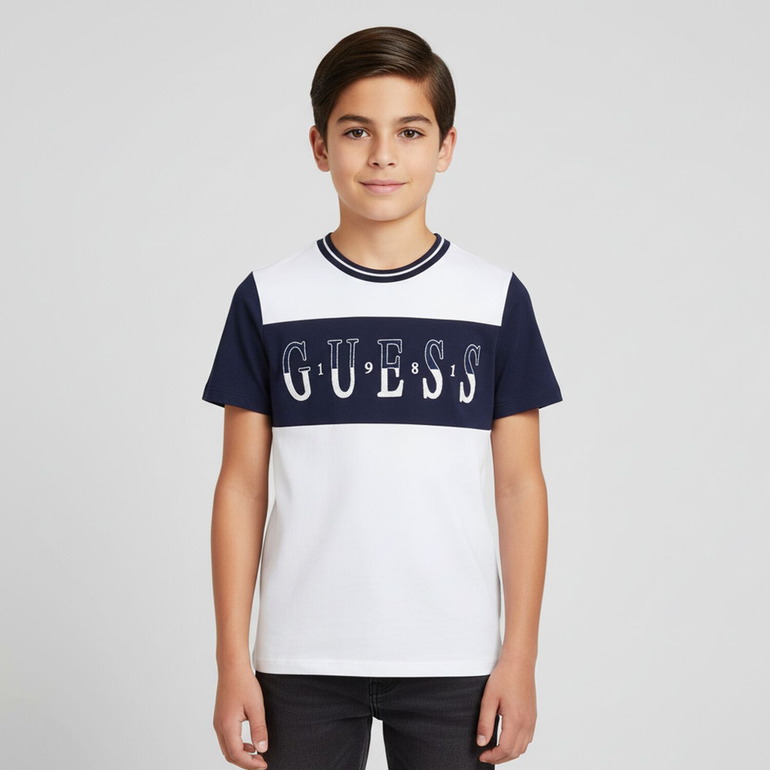 Boys White & Navy Blue Logo T-Shirt, 1, hi-res