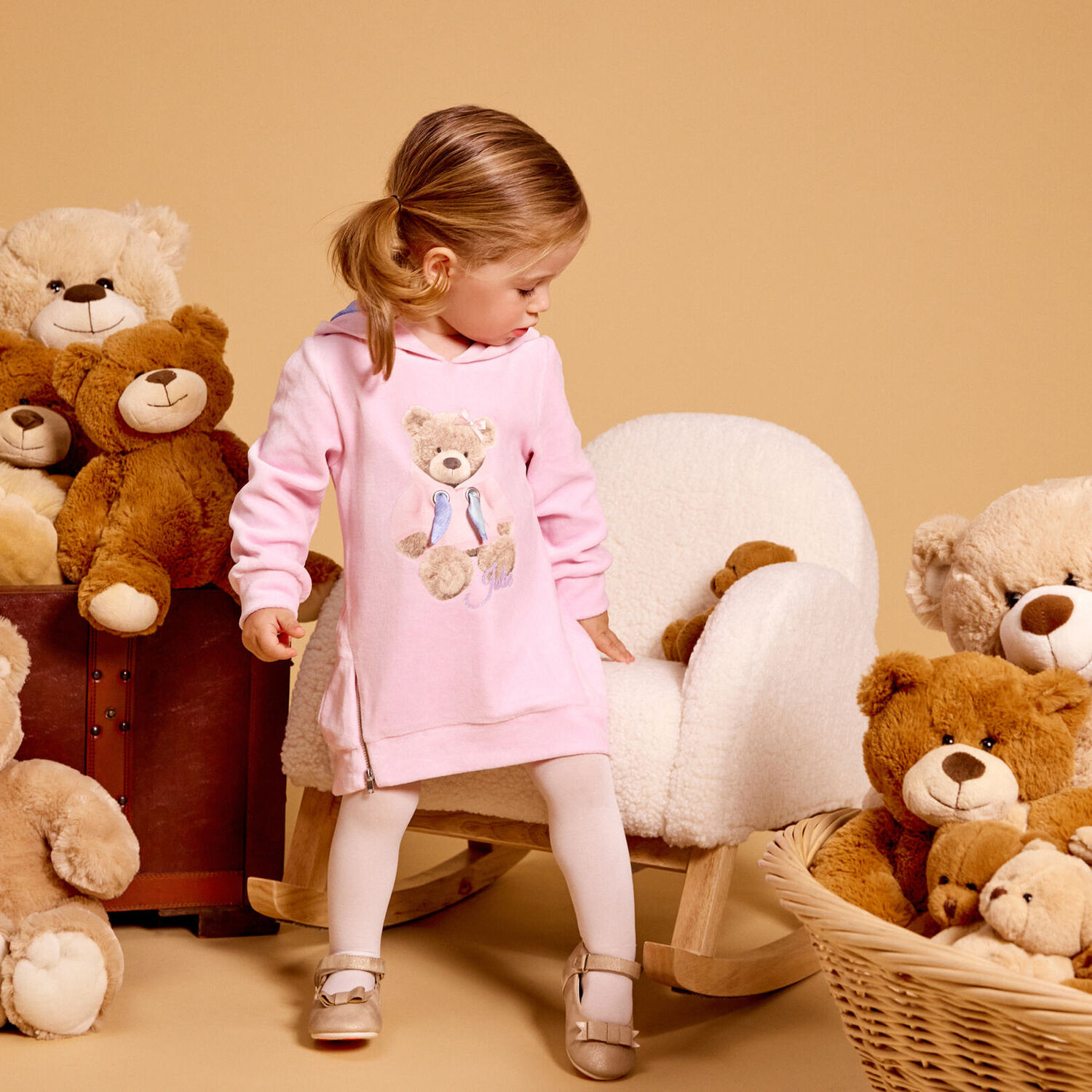 Girls Pink Teddy Hooded Dress, 1, hi-res