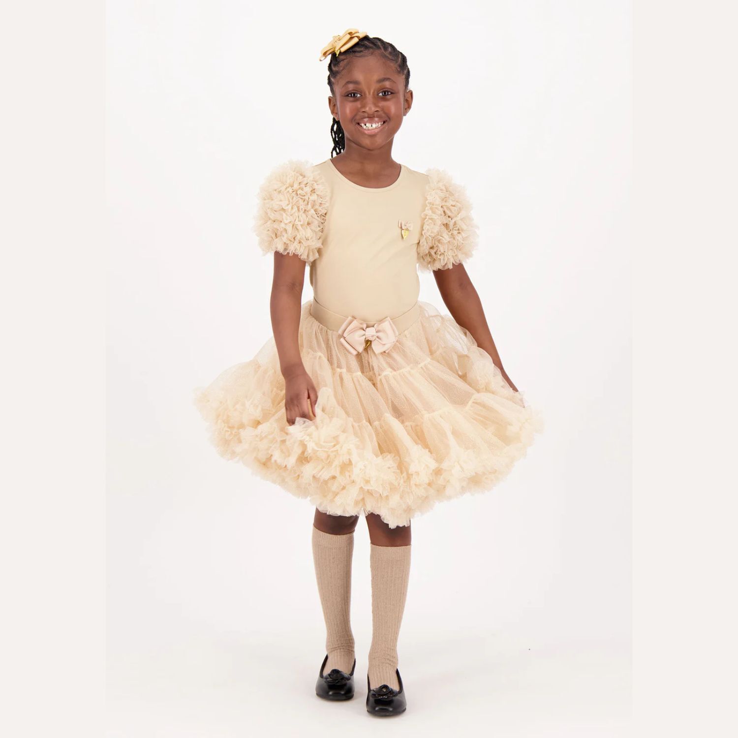 Girls Beige Tulle Sleeve T-Shirt, 2, hi-res image number null