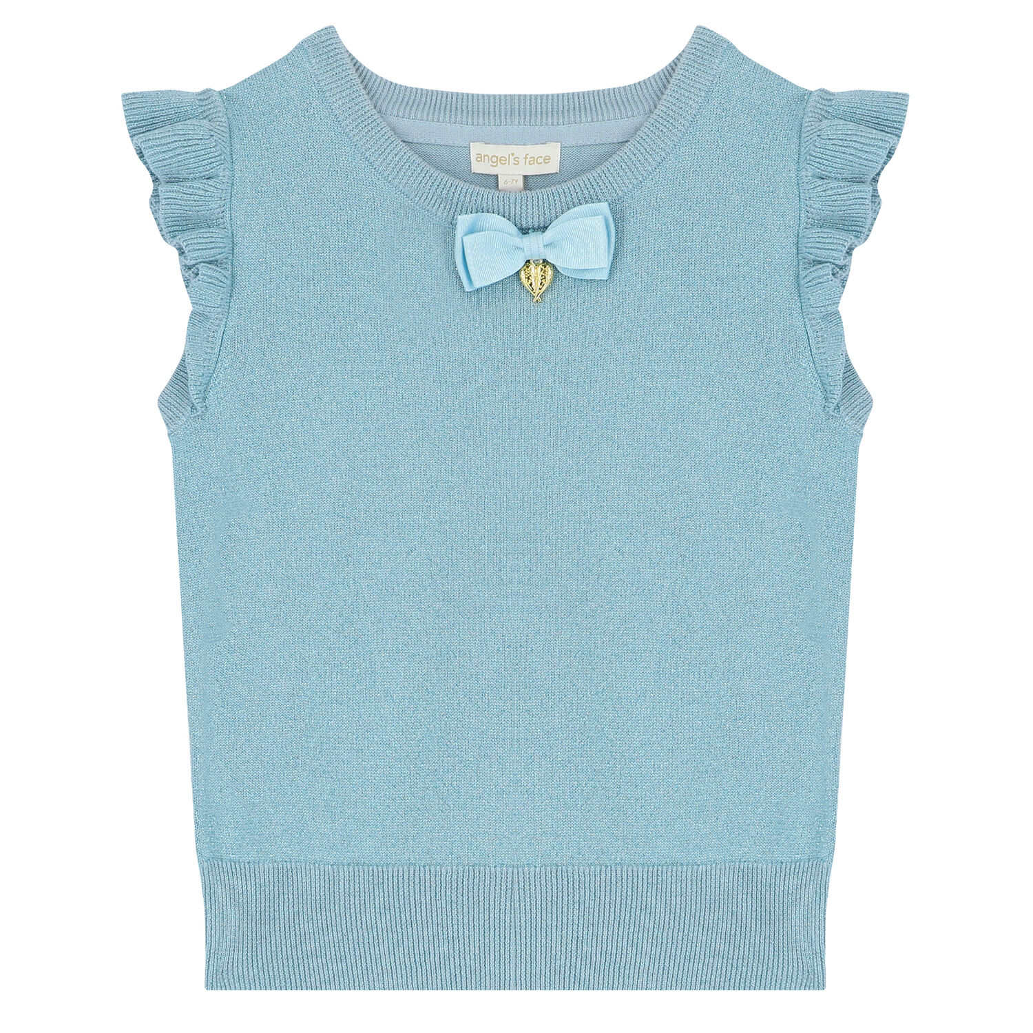 Girls Aqua Bow Knitted Sleeveless Top, 1, hi-res