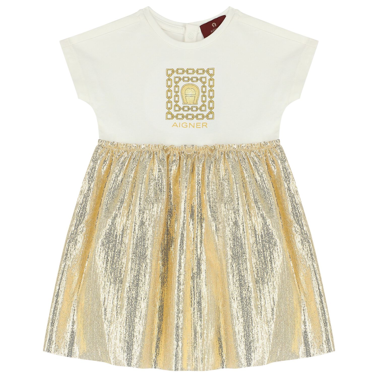 Younger Girls Ivory & Gold Logo Dress, 1, hi-res