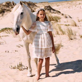 Girls White & Gold Tulle & Chiffon Dress