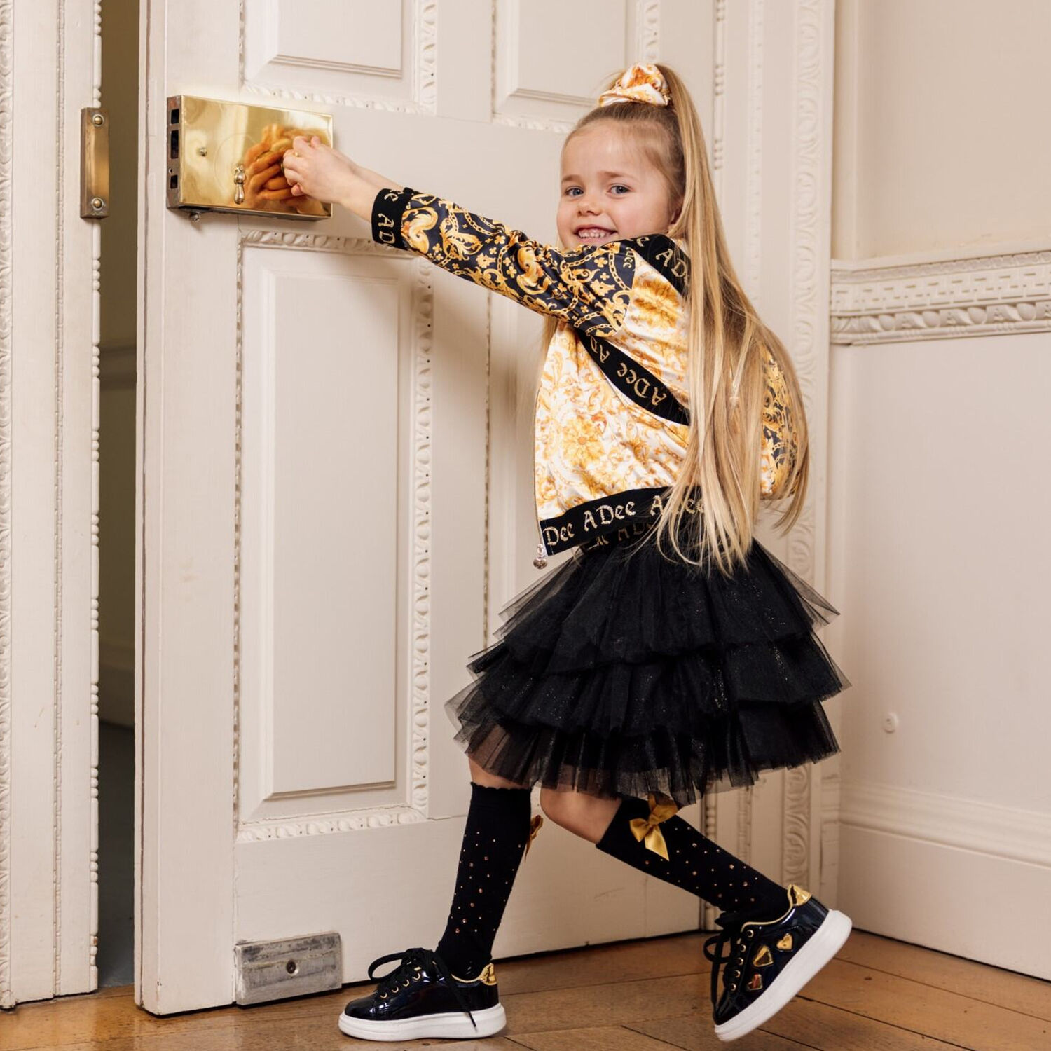 Girls Black & Gold Bow Socks, 1, hi-res