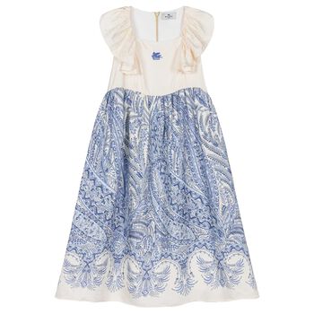 Girls Ivory & Blue Floral Paisley Dress 
