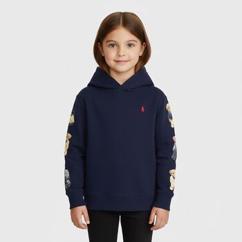Girls Navy Blue Polo Bear Hooded Top