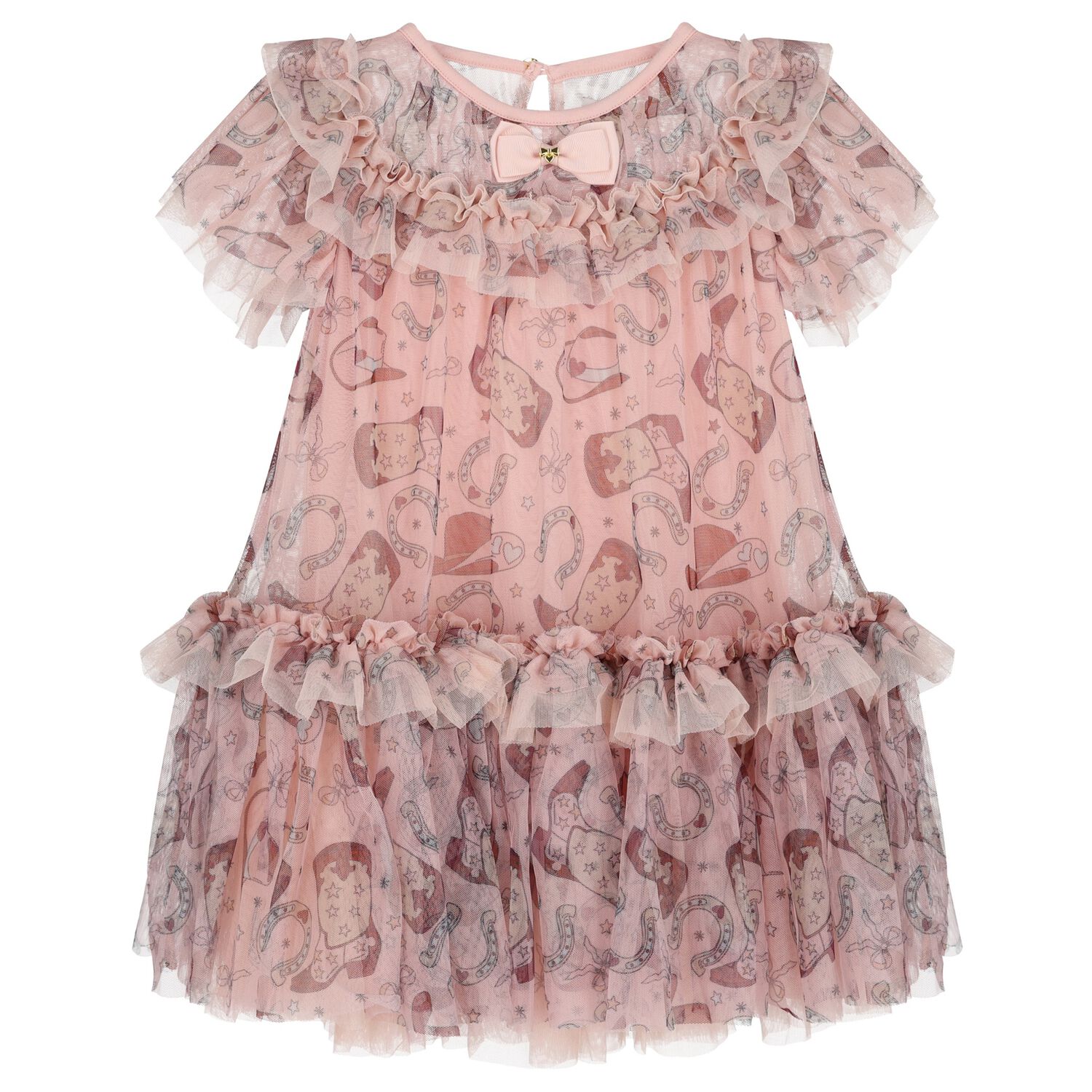 Girls Pink Bow Tulle Dress, 2, hi-res