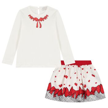 Girls Ivory & Red Bow Skirt Set