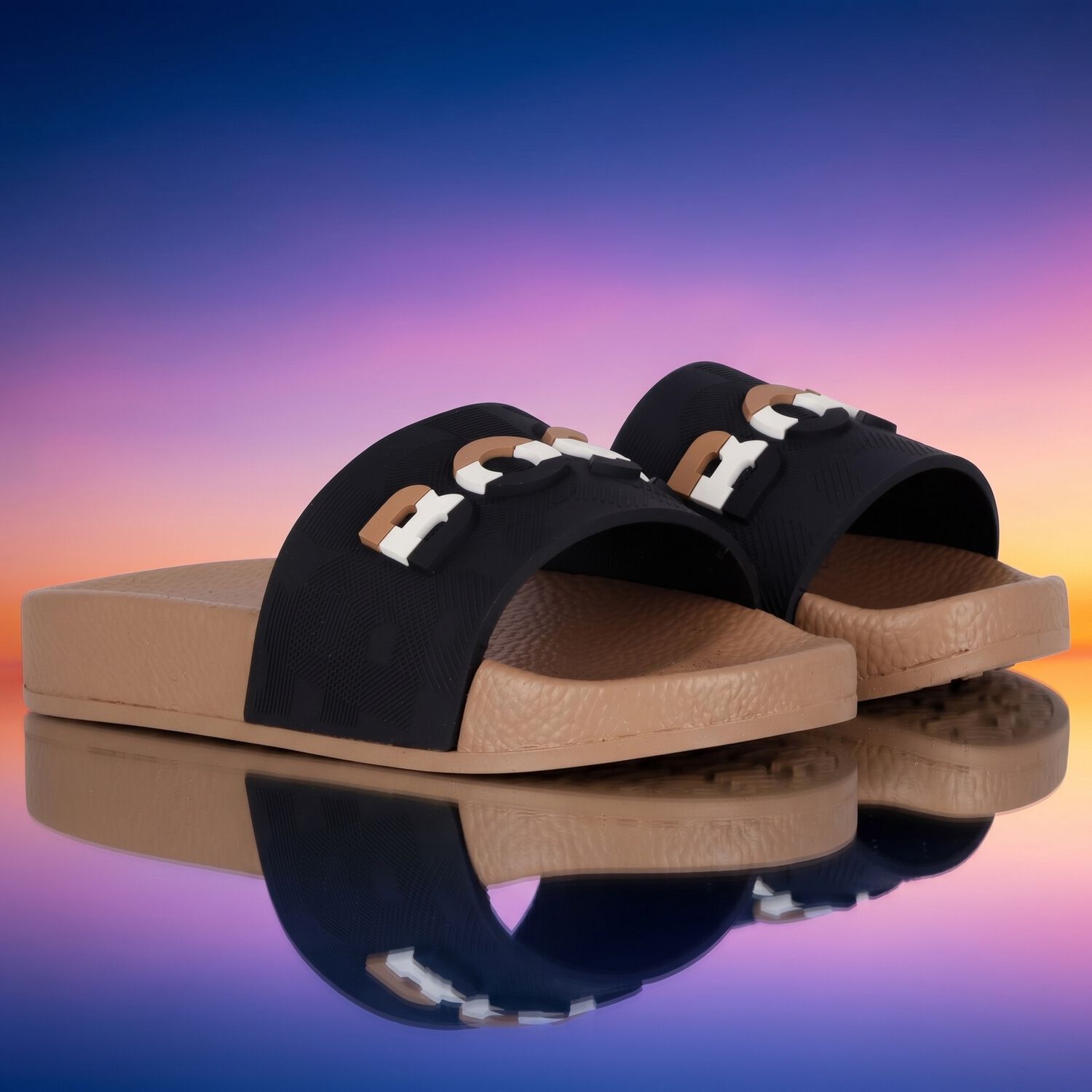 Boys Black & Beige Logo Sliders, 1, hi-res