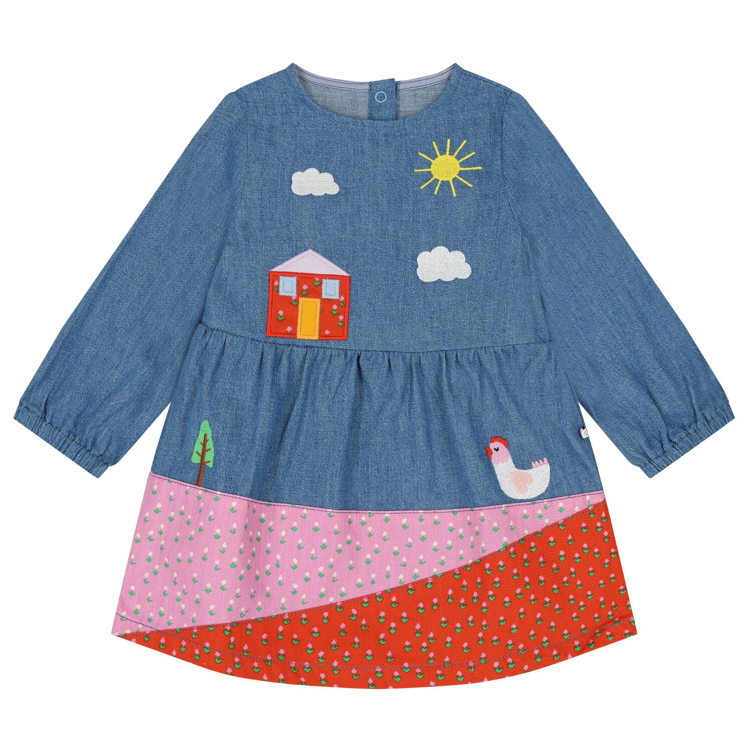Younger Girls Blue Denim Embroidered Dress, 1, hi-res