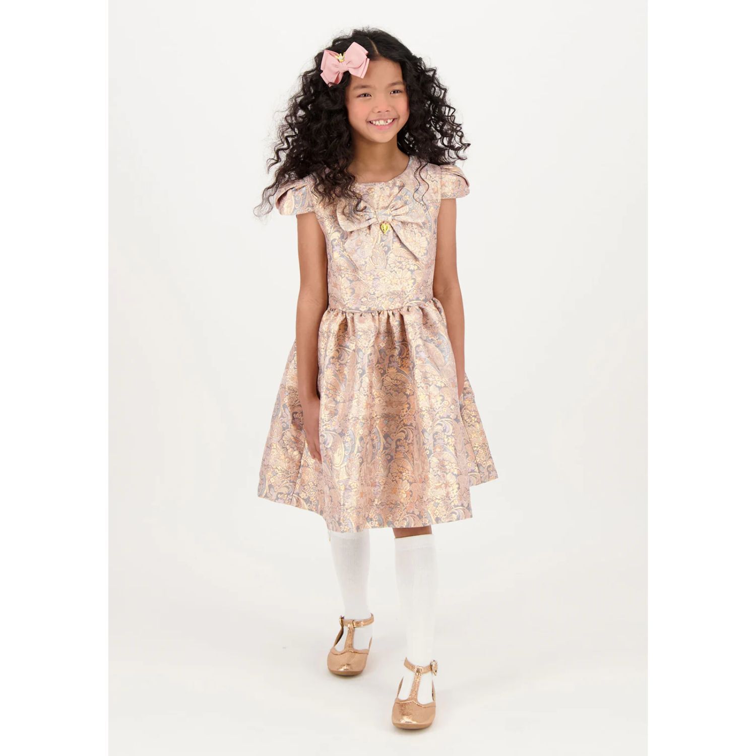 Girls Gold & Grey Jacquard Dress, 1, hi-res