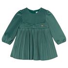 Younger Girls Green Velvet Pleated Dress, 1, hi-res