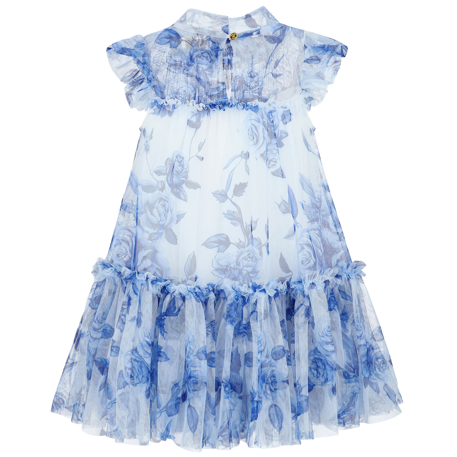 Girls White & Blue Floral Tulle Dress, 1, hi-res