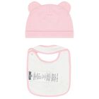 Baby Girls Pink & White Teddy Bear Logo Hat & Bib Gift Set, 1, hi-res