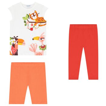 Girls White, Red & Orange Leggings Set