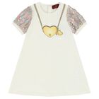 Younger Girls Ivory Logo Heart Dress, 1, hi-res