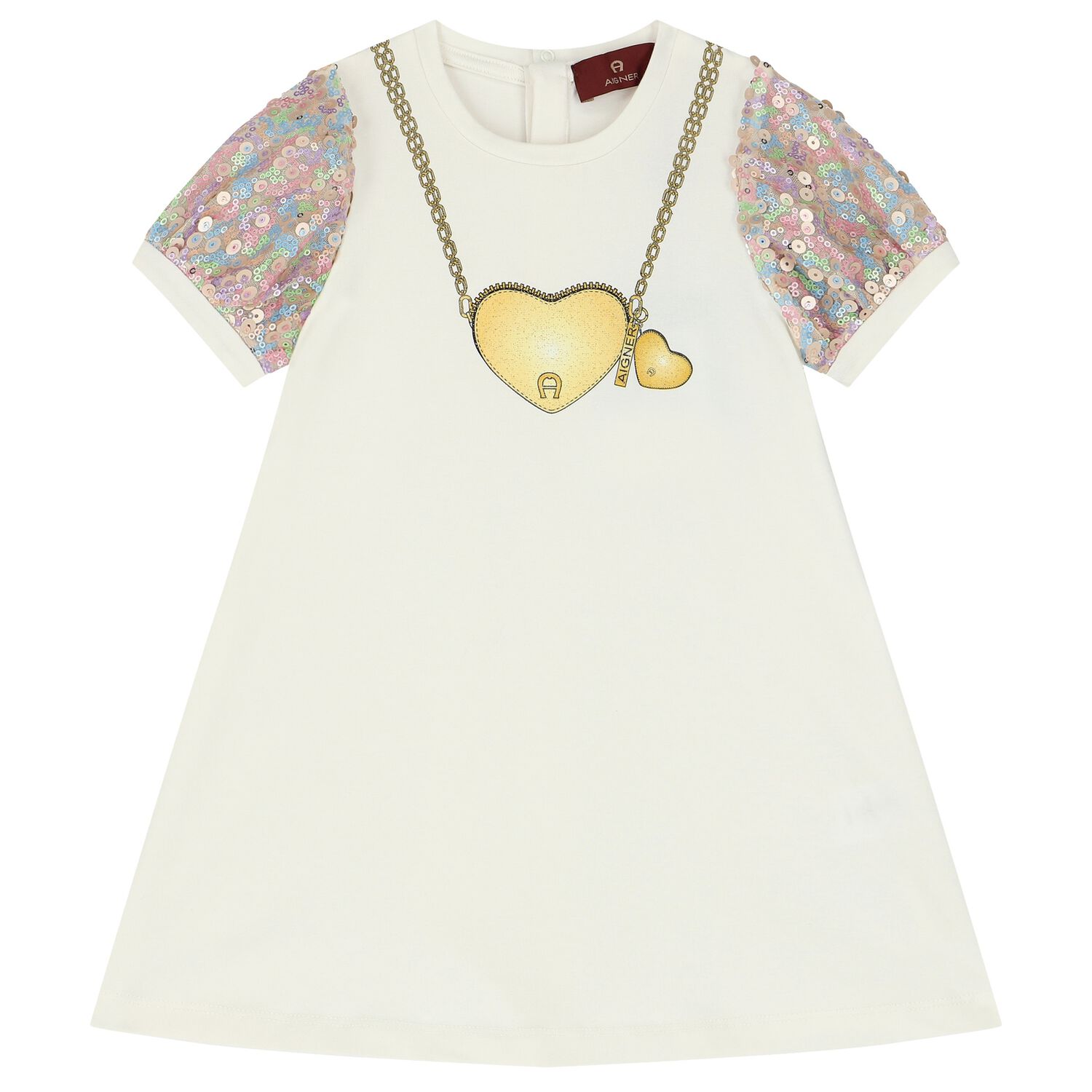Younger Girls Ivory Logo Heart Dress, 1, hi-res