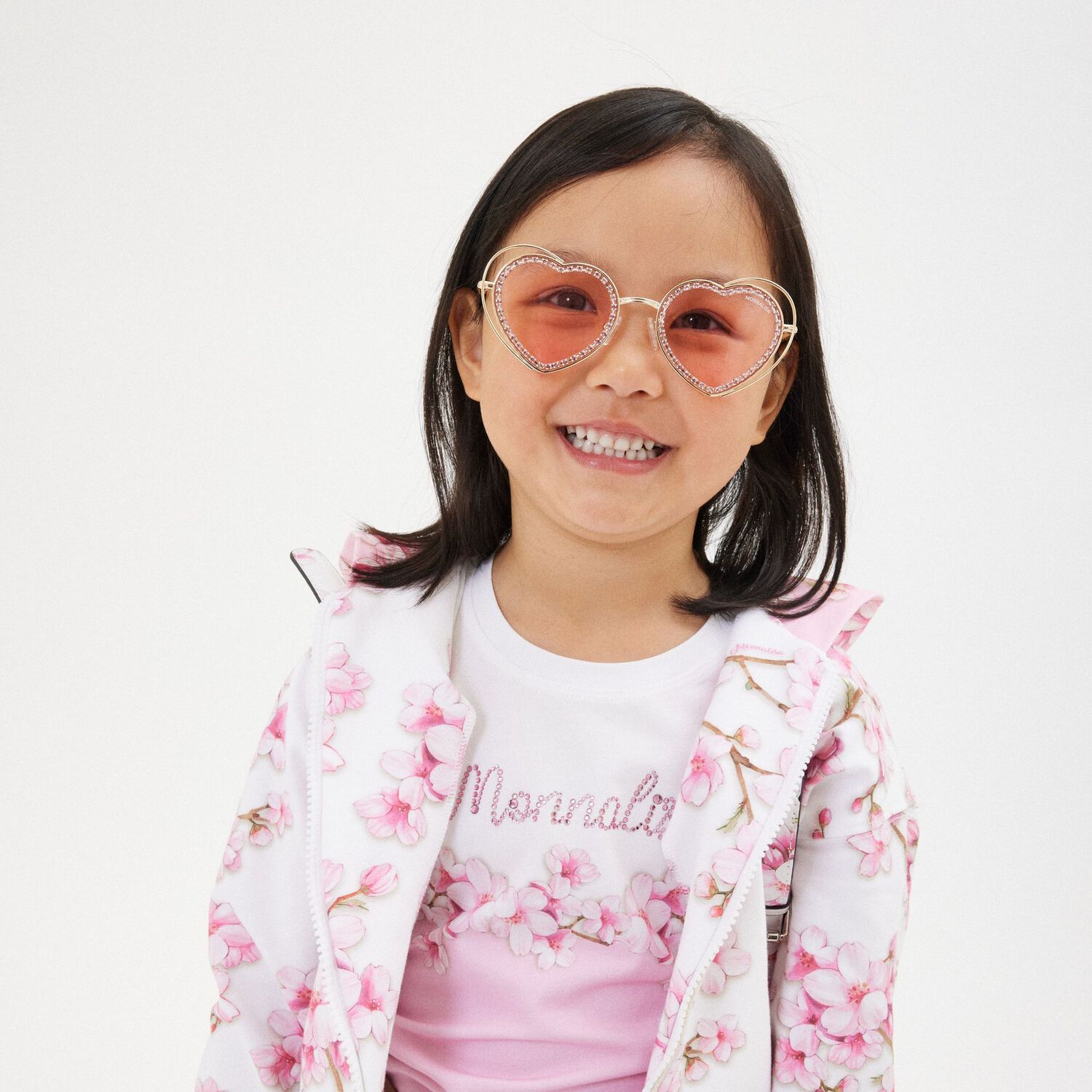 Girls Pink & Gold Heart Diamante Sunglasses, 1, hi-res