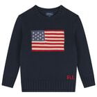 Boys Navy Blue Flag Knitted Sweatshirt, 1, hi-res