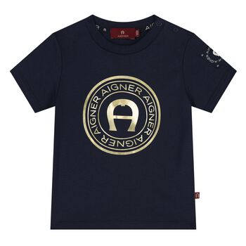 Younger Boys Navy Blue & Gold Logo T-Shirt