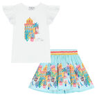 Girls White & Blue Tropical Island Skirt Set, 1, hi-res