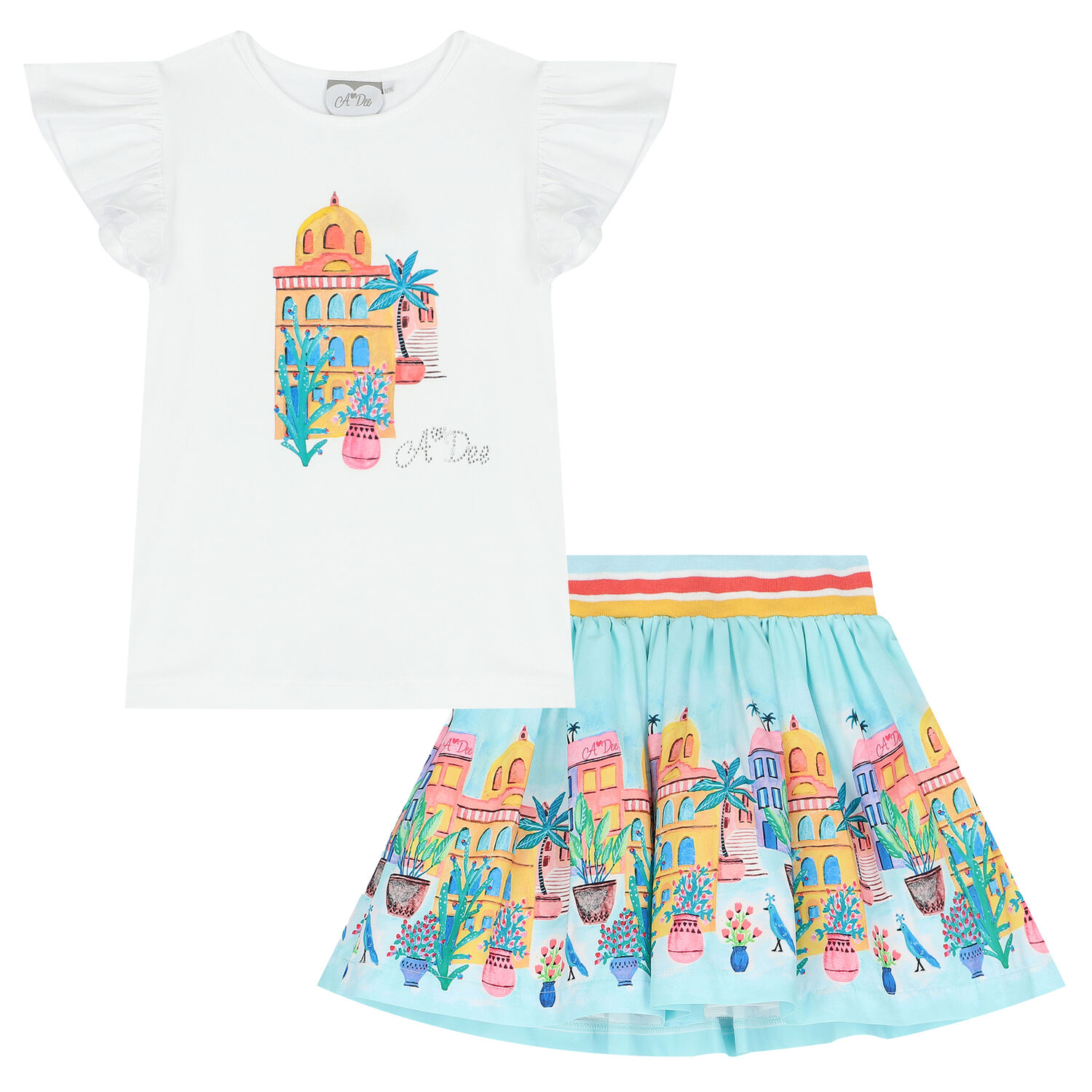 Girls White & Blue Tropical Island Skirt Set, 1, hi-res
