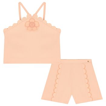 Girls Orange Flower Crepe Shorts Set