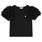 Girls Black Tulle Sleeve T-Shirt, 1, hi-res