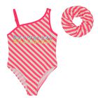 Girls White & Pink Striped Logo Swimsuit, 1, hi-res