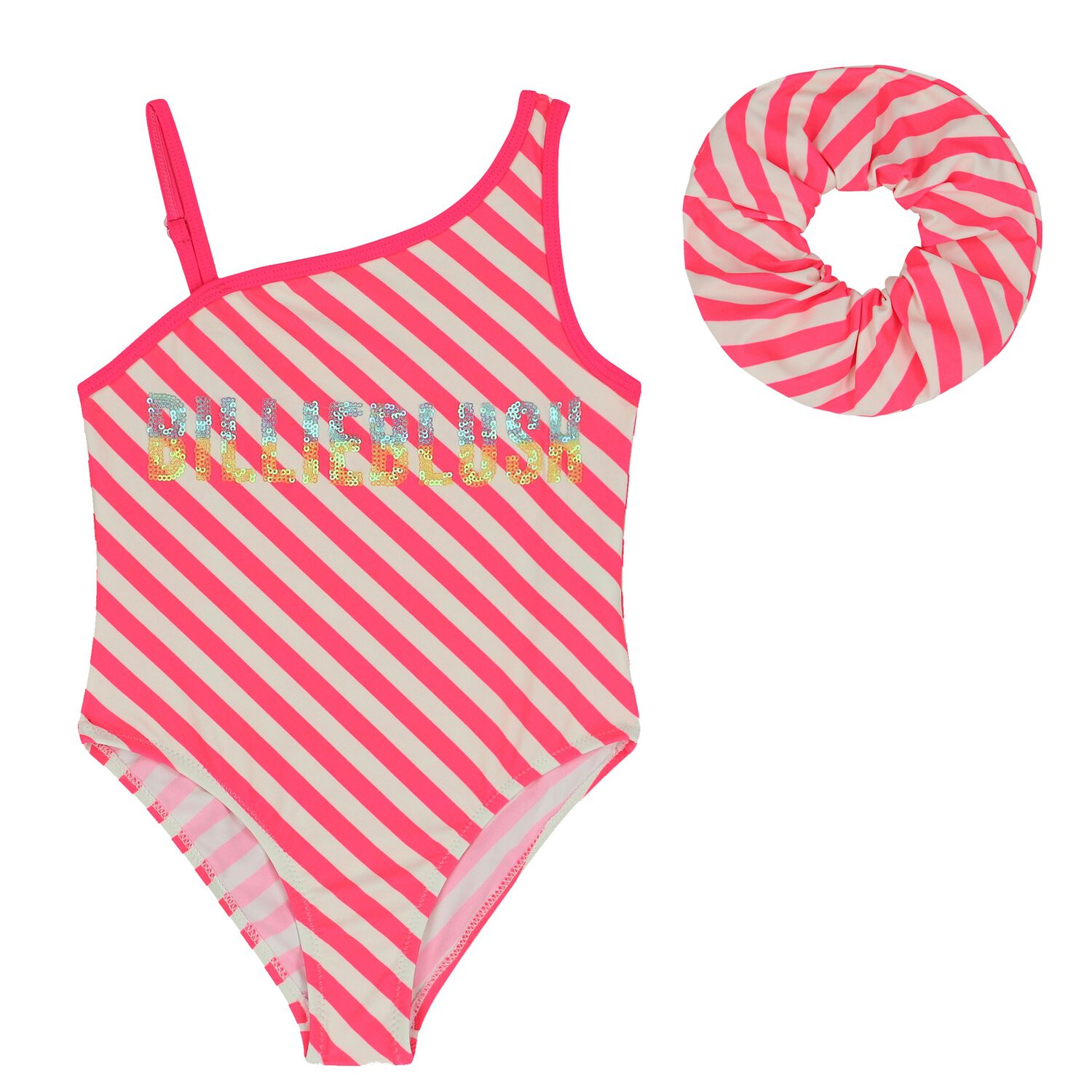 Girls White & Pink Striped Logo Swimsuit, 1, hi-res image number null