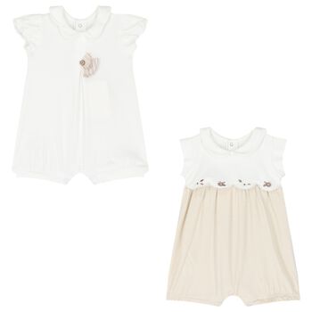 Baby Girls Beige & White Cotton Rompers ( 2-Pack )