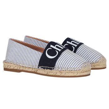 Girls White & Blue Striped Logo Espadrilles