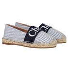 Girls White & Blue Striped Logo Espadrilles, 1, hi-res
