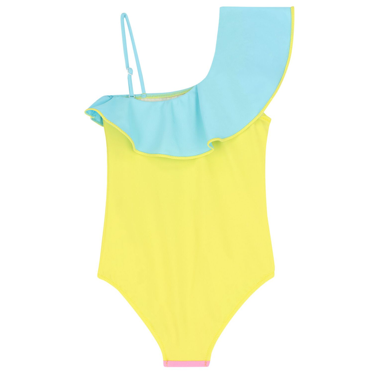 Girls Blue, Yellow & Pink Ruffle Swimsuit, 1, hi-res