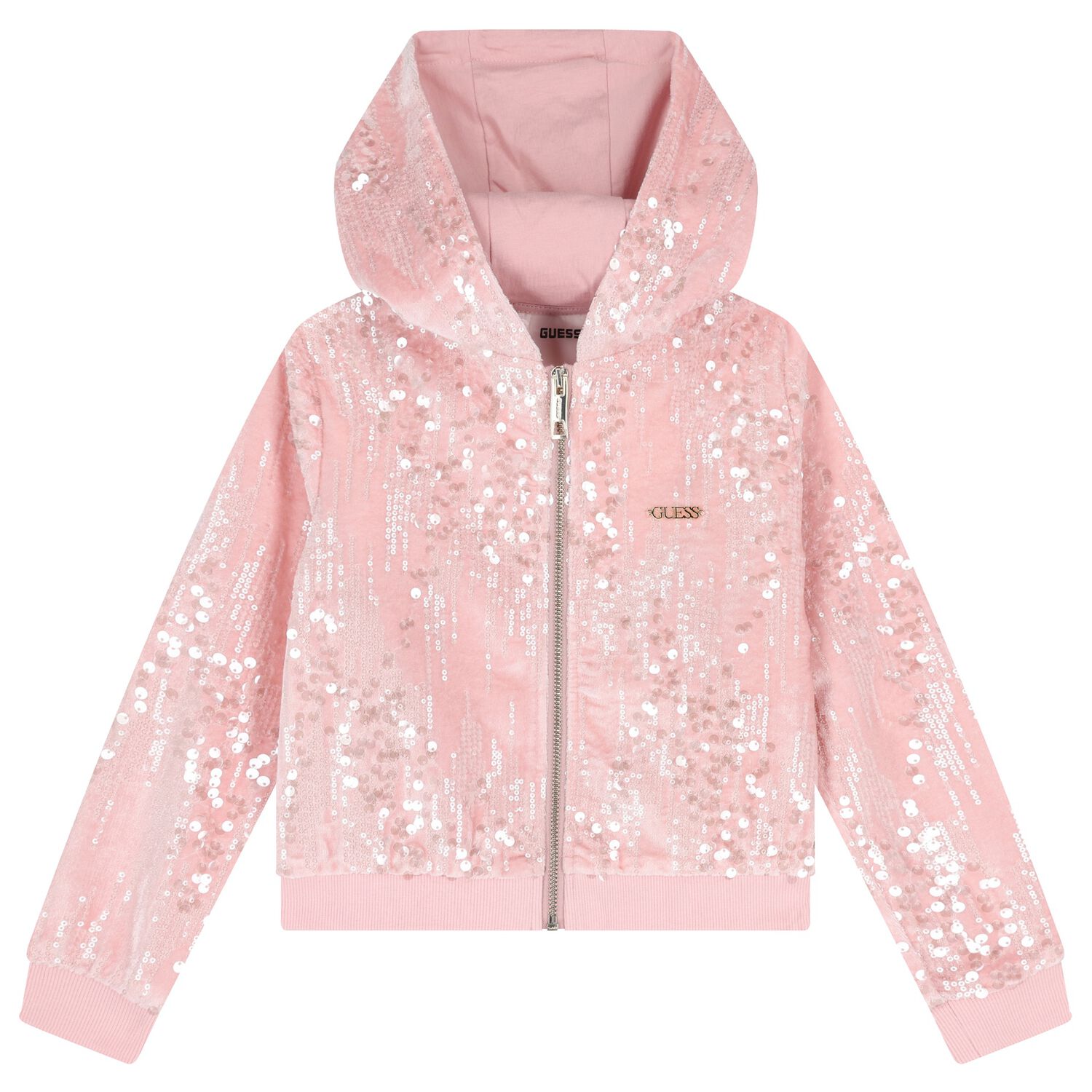 Girls Pink Sequins Hooded Zip Up Top, 1, hi-res