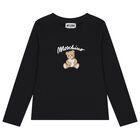 Girls Black Teddy Bear Logo Long Sleeve Top, 3, hi-res
