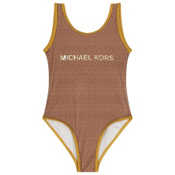 Girls Mini Me Brown & Gold Logo Swimsuit