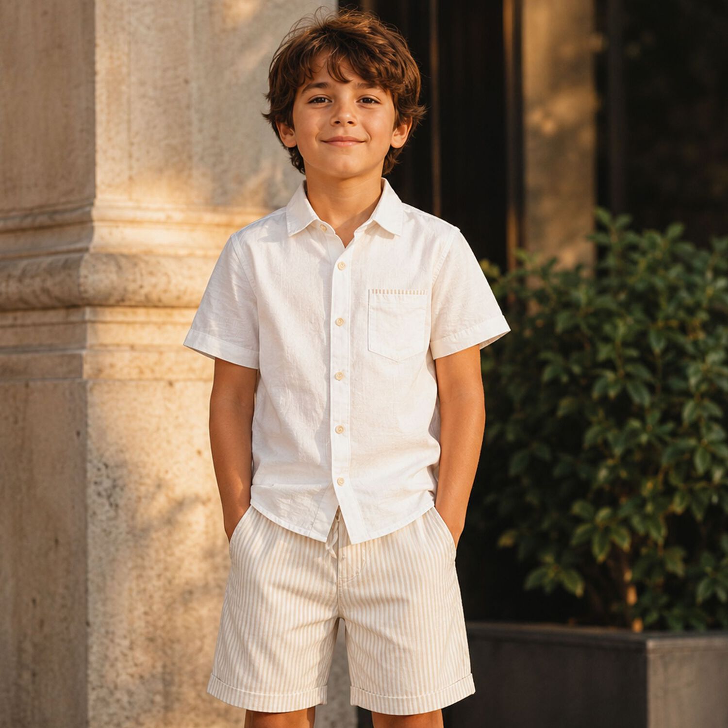 Boys Ivory & Beige Striped Shorts Set, 1, hi-res