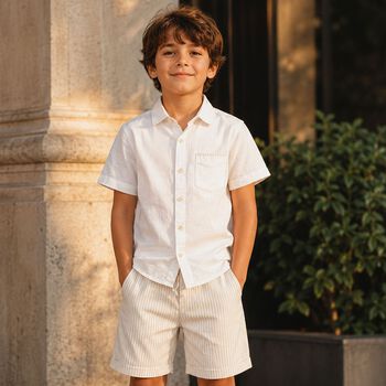 Boys Ivory & Beige Striped Shorts Set