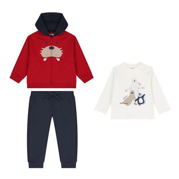 Younger Boys Ivory, Red & Navy Blue Teddy Bear Tracksuit Set (3 Piece)